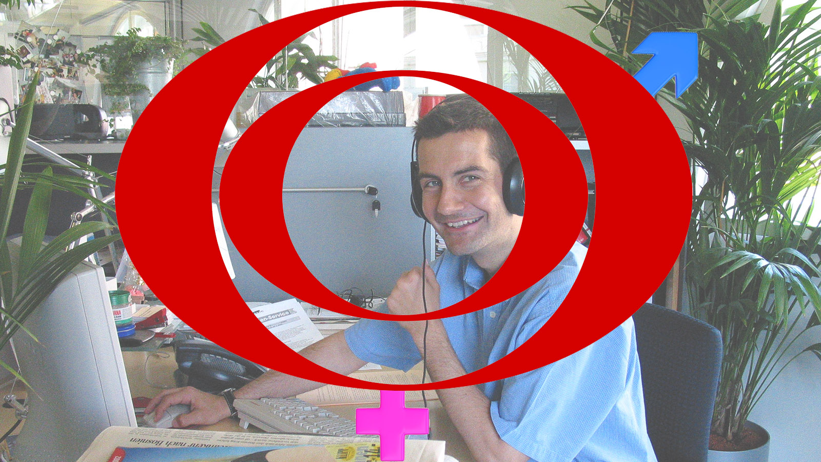 Das Logo des ORF mit den Symbolen für Frauen und Männer, hinterlegt mit einem Foto des früheren Generaldirektors Roland Weißmann als junger Redakteur.