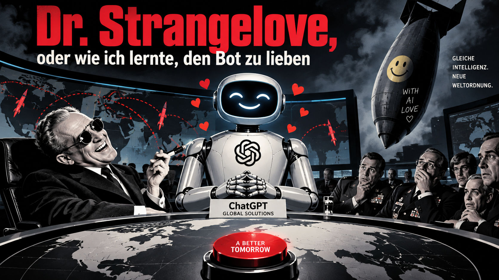 Das Bild zeigt, in Anlehnung an den Film "Dr. Strangelove or how I learned to love the bomb" Dr. Strangelove an der Seite eines Roboters, vor sich ein roter Knopf zur Auslösung des Weltuntergangs.
